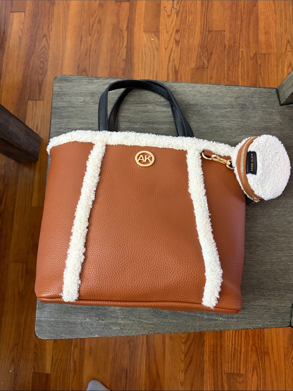 Anne Klein Tan Tote with White Sherpa Trim and Coin Pouch